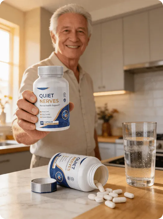 Active older adult holding a bottle of Quiet Nerves in his kitchen