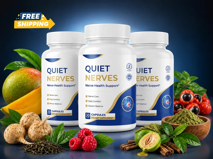 Three bottles of Quiet Nerves with natural ingredients