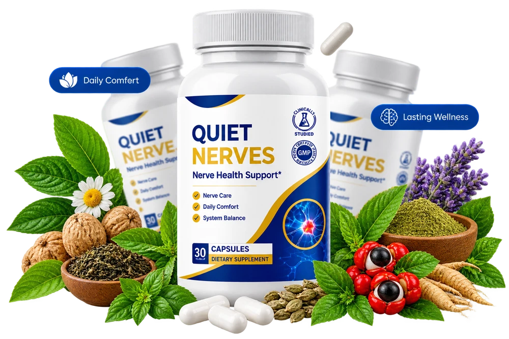 Quiet Nerves bottle surrounded by magnesium, turmeric, butcher's broom and other nerve health ingredients
